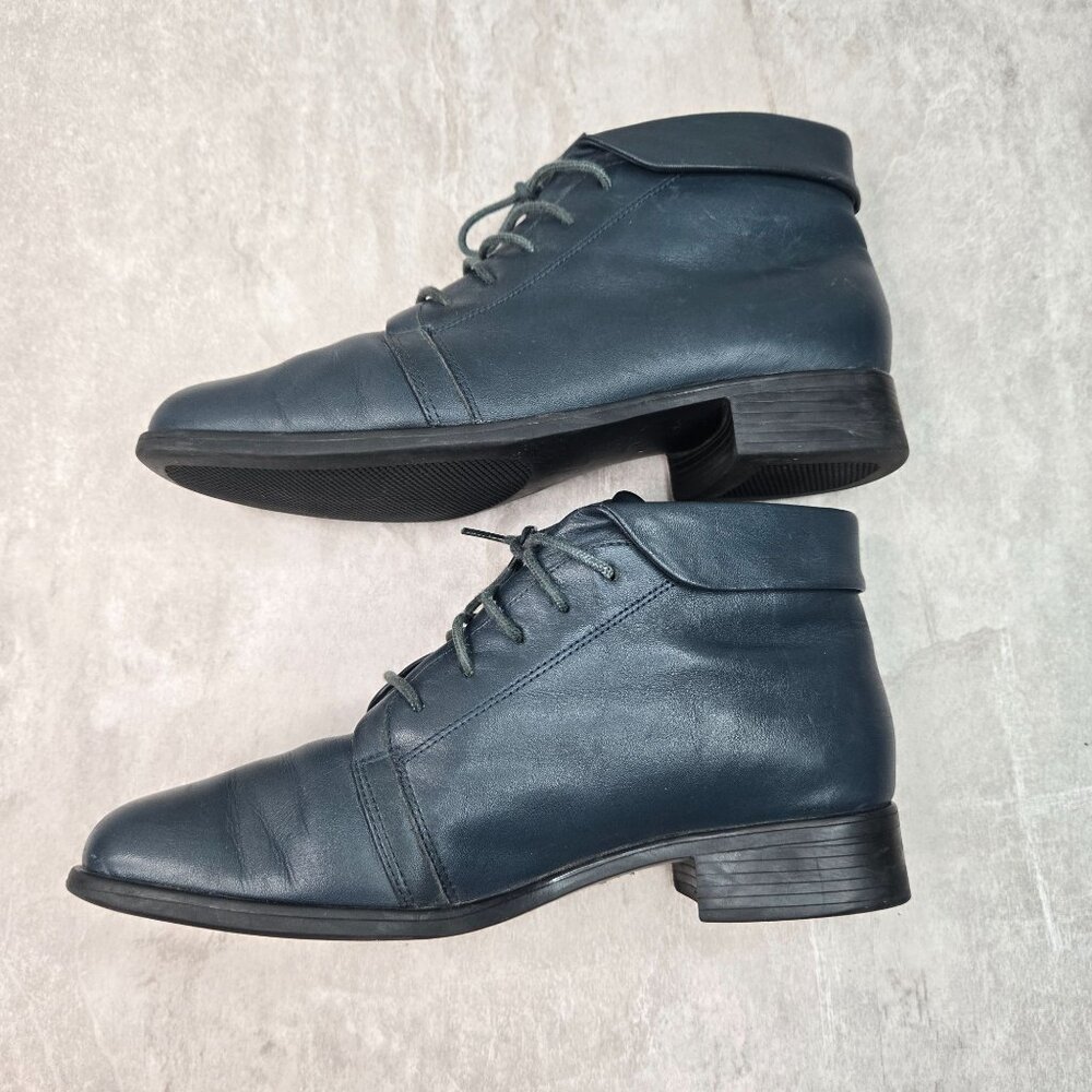 Vintage Square Toe Ankle Bootie Sz 6 Navy Blue Leather Retro Grunge Lace Up Boot - Picture 7 of 10